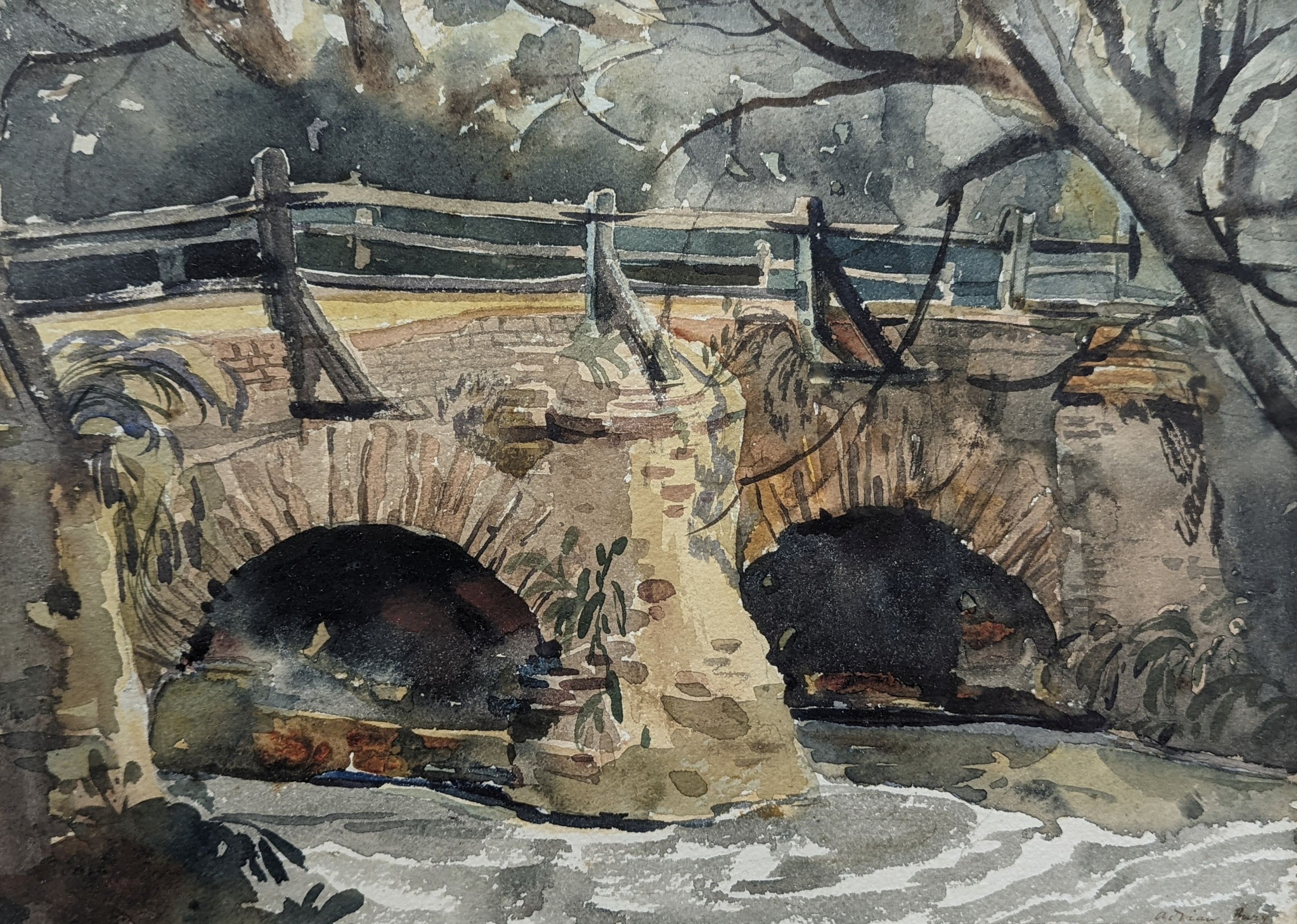 Adrian Bury (1891-1991), watercolour, Stone bridge, signed, 27 x 38cm